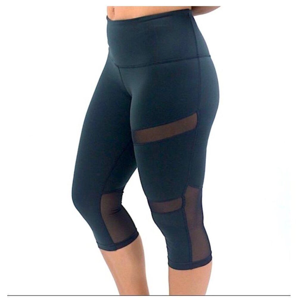 ZYIA Active Black‎ Mesh Perfectly Plush Hi-Rose Crop Leggings Size Small